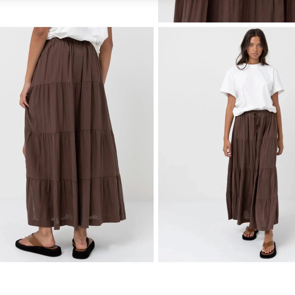 Rhythm Chocolate Brown Tiered Maxi Skirt BNWT